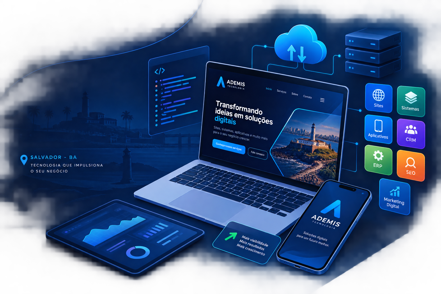 Ilustração de desenvolvimento de sites, sistemas web, aplicativos, CRM, ERP e SEO